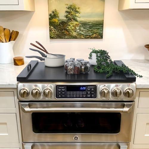SwallowLiving Wood Noodle Board Stove Cover with Handles, Wooden Stovetop Cover Board for Gas Stove and Electric Stove Top,Kitchen Sink Cover for Counter Space, Cutting Board, Black