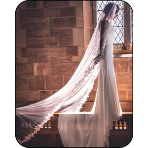 Wedding Veil Pearls Lace Flower Bridal Veil,1 Tier Cathedral Length Fingertip Length Veil Bride Veil with Metal Comb (White)