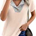 Womens Tops Summer Sweaters Short Sleeve Patchwork V Neck Henley Shirts 2026 Dressy Casual Business Tunic Blouses (Beige, L)