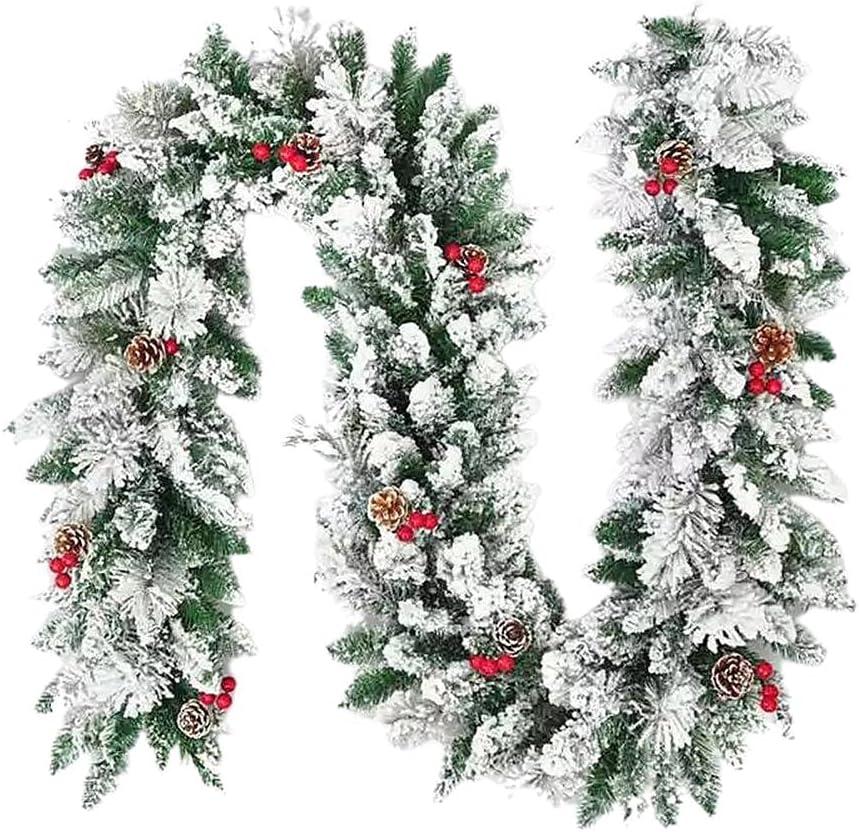 MOTUZP 6ft Snowy Artificial Christmas Cedar Garland, Green Snow Flocked Christmas Garland, Winter Frosted Holiday Pine Garland with Pine for Xmas Tree Stairs Fireplace Mantle Holiday