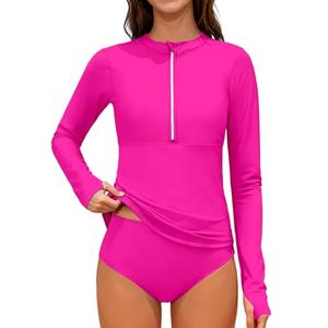 Girls Swimsuits Size 10-12 Half-Zip Long Sleeve Modest Teen Girl Rash Guard Bathing Suits with Chest Padding Two Piece Swimwear Set UPF 50+ Pink, 12-13years