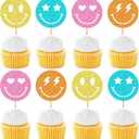 24 Pack Smile Face Cupcake Toppers Y2k Pink Party Bachelorette Cupcake Picks Lightning Star Birthday Party Supplies