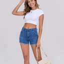 2026 Women's Stretchy Cargo Denim Shorts Mid Rise Jean Shorts Raw Hem Jorts with Pockets Short Jeans 3.5" Inseam (Blue, M)
