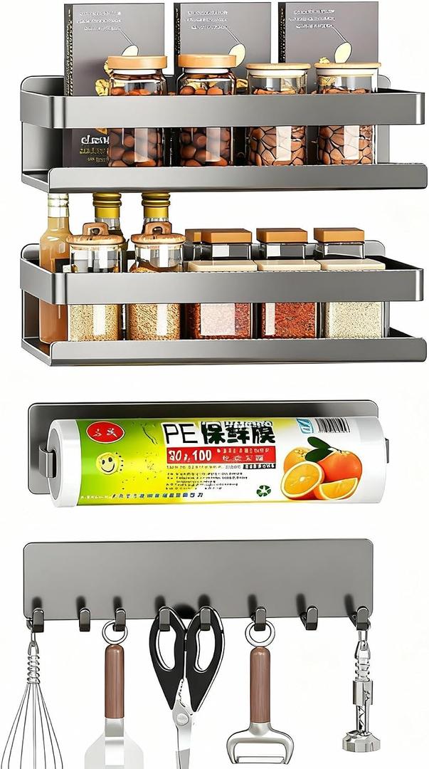 4 Pack Metal Magnetic Shelf Includes Magnetic Spice Rack for Refrigerator, Magnetic Paper Towel Holder, Magnetic Hooks, Refrigerator Side Rack Space-saving Design, Small Space Organization