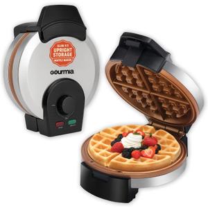 Gourmia Belgian Waffle Maker – Compact Design with Upright Storage, Adjustable Browning, and Easy-Clean Nonstick Ceramic Plates, Stainless Steel