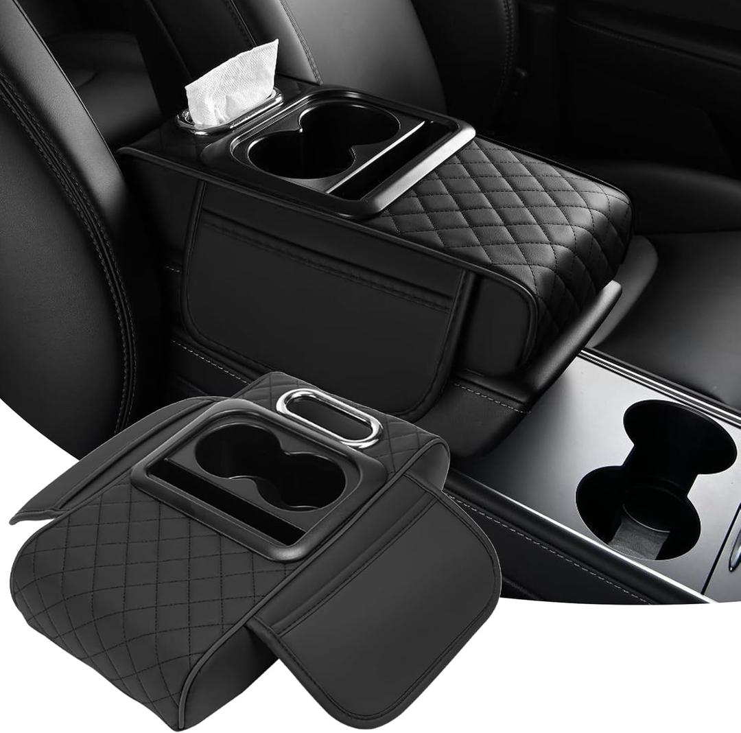 Car Armrest Cushion, 5 in 1 Center Console Cover with 2 Cup Holders, Phone Holder, Tissue Holder, Storage Bag, Multifunctional Leather Heightened Car Armrest Cushion for Most CarsBlack