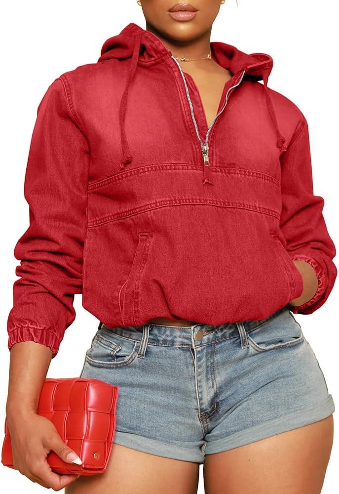 PINSV Women's Half Zip Denim Hoodie Pullover Jacket Jean Sweatshirt Tops (XX-Large, Red)