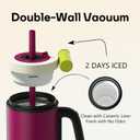 Tumbler with Handle,36 oz Ceramic Lined Travel Mug Water Bottle with Straw,Vacuum Insulated Stainless Steel Cup with Lid,Fits Cup Holder, Leak Resistant Press-in Lid, Purple