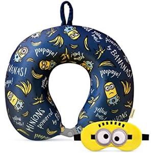 MINISO Minions Travel Neck Pillow with Eye Mask, Cute Cartoon 100% Memory Foam Neck Support Pillow, Lightweight Travelling Pillow Set for Airplane, Car and Home Use