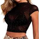 YYA Sheer Mesh Crop Top with Silver Glitter Cap Sleeve Party Top for Women Sexy Blouse XXL