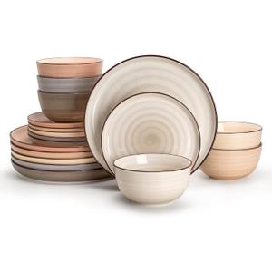 Sweese Plates and Bowls Sets, 18 Piece Dinnerware Set Porcelain Round Dinner Set for 6, Scratch Resistant Dishes Set, Dishwasher and Oven Microwave Safe Handpainted Swirl Dishware Sets, Neutral