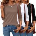Ficerd 3 Pack 3/4 Sleeve Tops for Women Round Neck Dressy Basics Tees Casual Trendy Loose Fit T Shirts (X-Large, Black, White, Coffee)