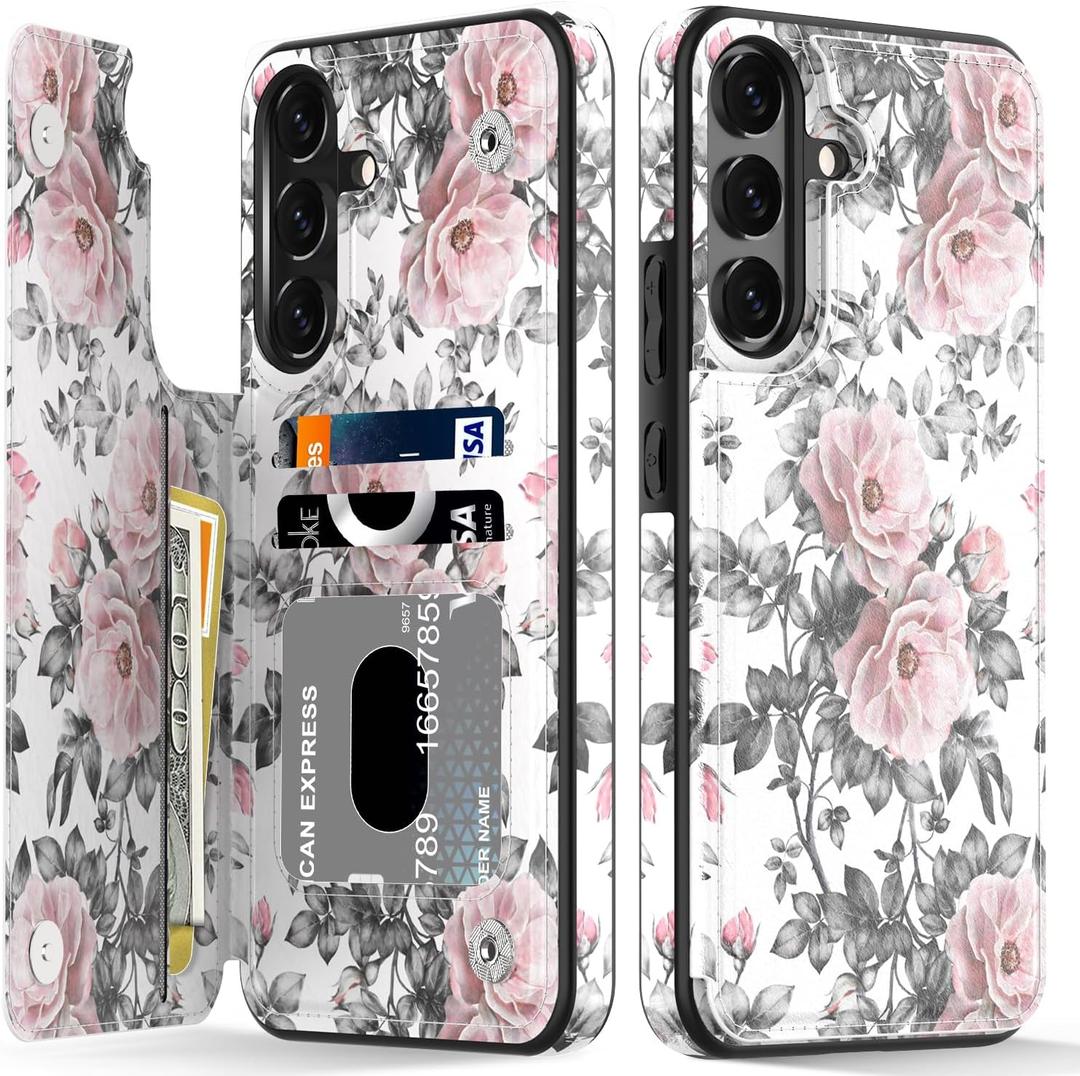 LETO Galaxy S24 FE Case,Luxury Flip Folio Leather Wallet Case Cover with Fashion Designs for Girls Women,Card Slots Kickstand,Phone Case Elegant Pink Flowers