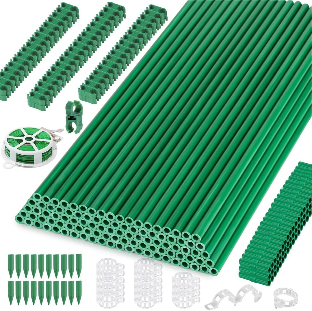 Cludoo 342PCS Garden Stakes Set with 100 Sets Fiberglass Plant Stakes Sticks Supports and Accessories, DIY 4ft 5ft 6ft 7ft Tomato Stakes for Tomato, Vegetables, Pepper, Indoor Outdoor Spring Plants
