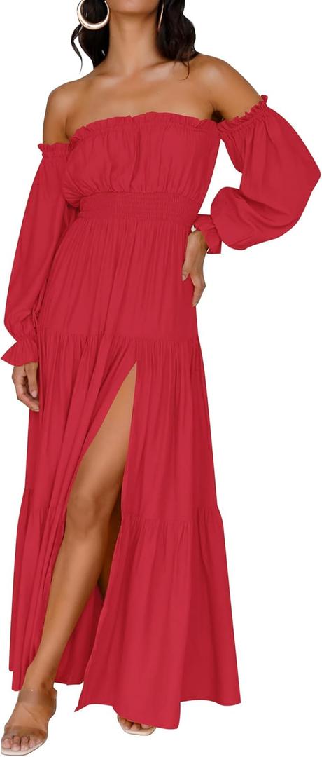ZESICA Women's 2025 Boho Sexy Off Shoulder Long Sleeve Smocked High Waist Side Split Flowy A Line Tiered Long Maxi Dress (Medium)