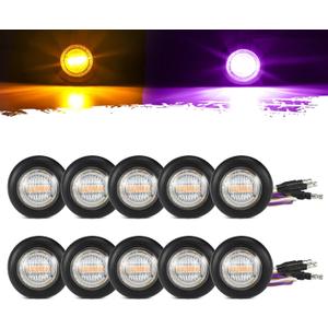 Partsam 10Pcs Dual Color 3/4" Round LED Marker Light Amber to Purple Auxiliary Light Side Marker DOT Approved Clearance Light Turn Signal Indicators with Bullet Plug for Trailer Truck Pickup Camper RV