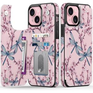 FUNMIKO for iPhone 14 Wallet Case with Card Holder + Cash Clip, RFID-Blocking, Military-Grade Drop Protection & UV-Printed Artwork, Magnetic Closure with Leather Kickstand - Blue Dragonflies