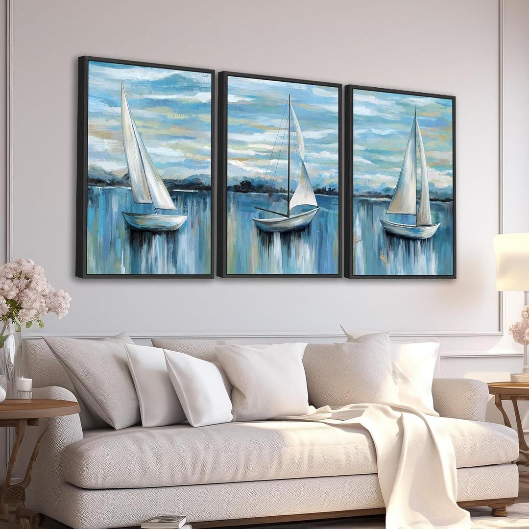 Large Framed Sailboat Wall Art - Tranquil Beach Wall Decor 20"x28" Set of 3 Blue Coastal Wall Art Prints Nautical Ocean Painting Modern Cloudy Lake Canvas Pictures for Living Room Bedroom Office