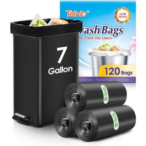Teivio 7 Gallon 120 Counts Medium Black Garbage Bags 6 Gallon 7 Gallon Trash Bags, Waste Basket Liner, Bathroom Trash Can Bin Liners, Plastic Bags for home office kitchen, Black