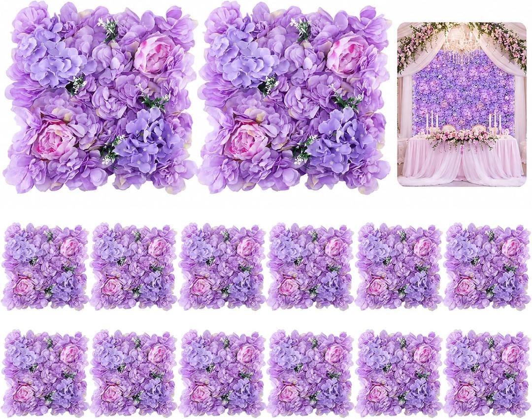 16 Pcs Purple Artificial Flower Wall Panels, Realistic Silk Floral Backdrop with Tiered Petals, 13.8 x 13.8 in for Wedding Decor, Romantic Event Decor, Photo Booth Backgrounds