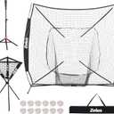 ZELUS Baseball net and tee, 5x5ft/ 7x7ft Baseball Net for Hitting and Pitching, Portable Indoor Outdoor Batting Practice Net with Carry Bag Ball Caddy & Baseballs