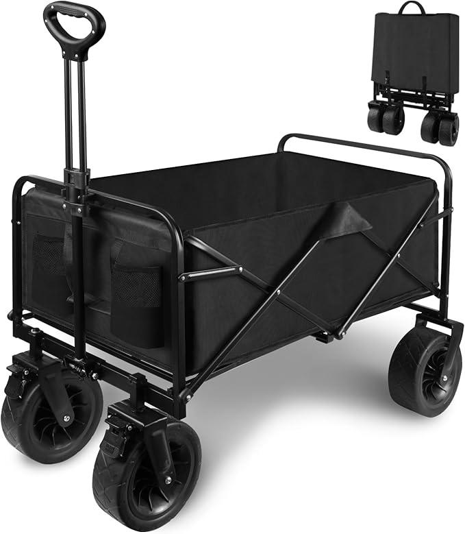 Collapsible Folding Wagon Cart, Large Capacity Outdoor Wagon Garden Cart with All-Terrain Wheels & Side Pockets, Heavy Duty Utility Beach Cart for Camping, Picnic, Fishing Activities, Black