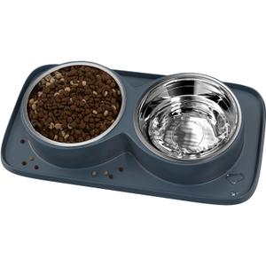 Dog Food Bowl with Mat Double No Spill No Mess Stainless Steel Dog Bowls Easy to Clean Non-Skid Design, Perfect for Medium Breeds, Blue