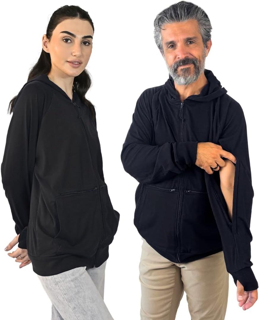 Inspired Comforts Unisex Dialysis & IV Access Hoodie  Dual Arm Zippers, Thumbhole Sleeves & Pockets (Small, Black)