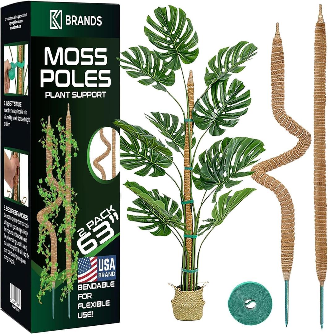 2 Pack 63'' Bendable Moss Pole Monstera Plant Support for Large Climbing Indoor Plants - Stakes for Potted Climbers - Tall Sticks Indoor Trellis for Houseplants - Accessories for Monstera Pot