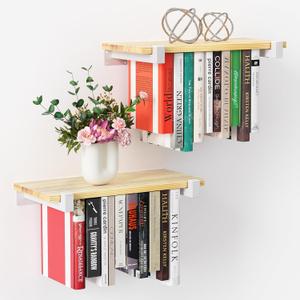 2 Set of Floating Bookshelf with White Shelf Brackets, Pine Wood Invisible Bookshelf, Hanging Bookshelves for Wall, Unique Space Saving Wall Bookcase, White(16.5L8.7W1.5H)
