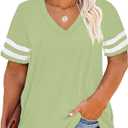 Happy Sailed Womens Plus Size Tunic Tops Summer Short Sleeve V Neck Striped Loose Casual Tee Shirt (3X)