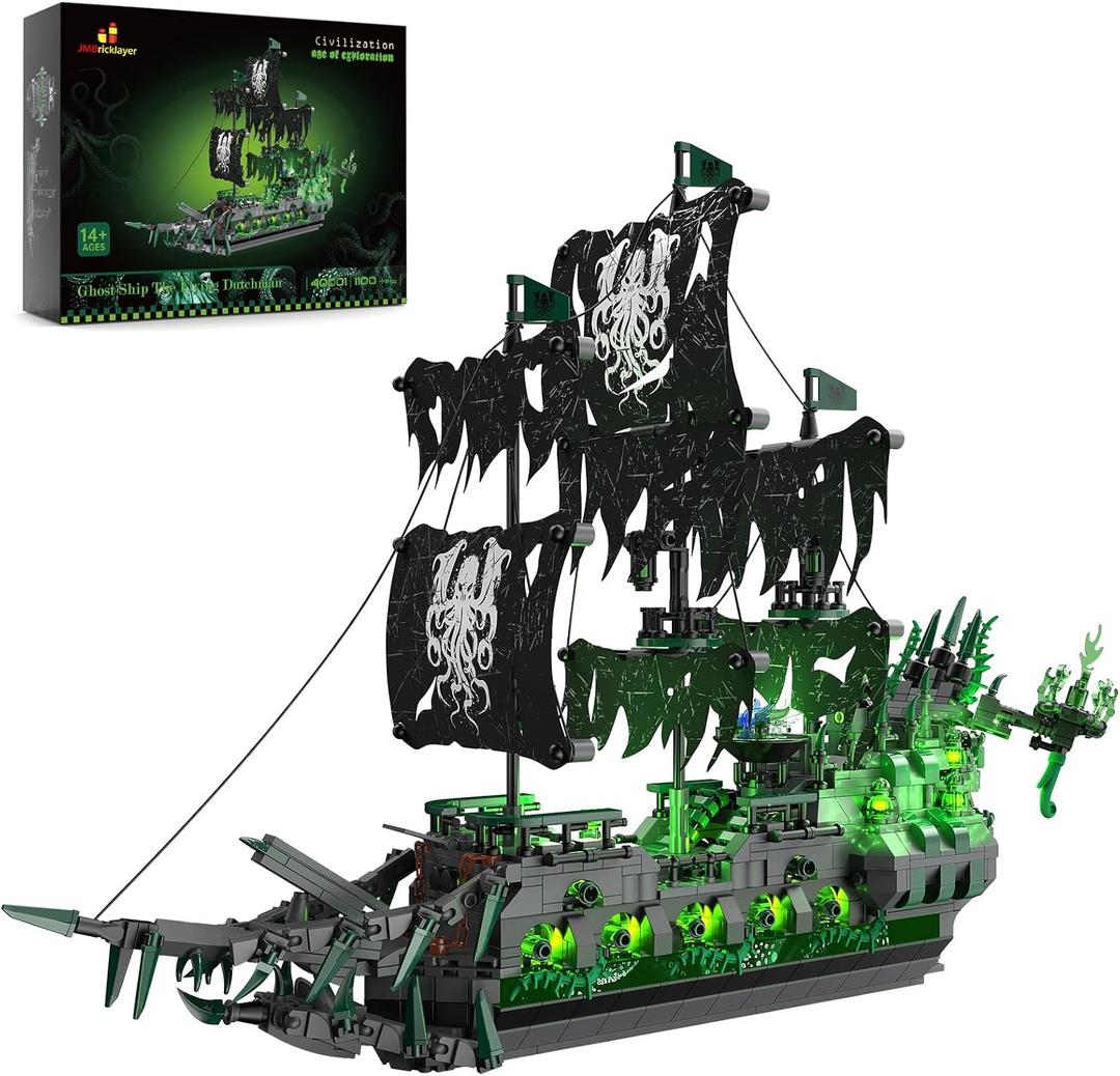 JMBricklayer Pirate Ship Building Toys with Lights, Ghost Ship Flying Dutchman Model Ship Boat 40001, Toy Building Sets for Adults, Easter Decor Christmas Birthday Easter Gifts (1100 PCS)
