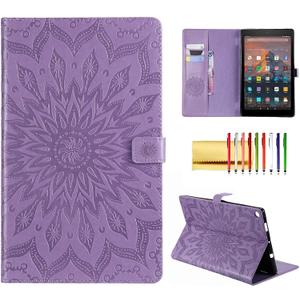 Folio Case for Fire HD 10 (9th/7th/5th Generation, 2019/2017/2015 Release), Techcircle Sunflower Embossed Stand Protective Cover with Card/Cash Holder, for Amazon Fire HD 10.1 Inch Tablet, Purple (A - Purple)
