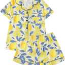Verdusa Women's 2 Piece Sleepwear Button Down Pajama Sets Short Sleeve Shirt and Shorts (Large, Yellow Lemon)