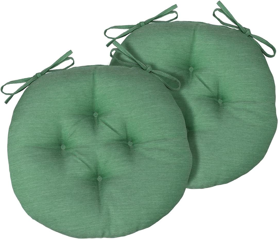 Outdoor Round Bistro Chair Cushions, 15 inch Circular Seat Cushions with Ties for Dining Chairs, Set of 2, Deep Green