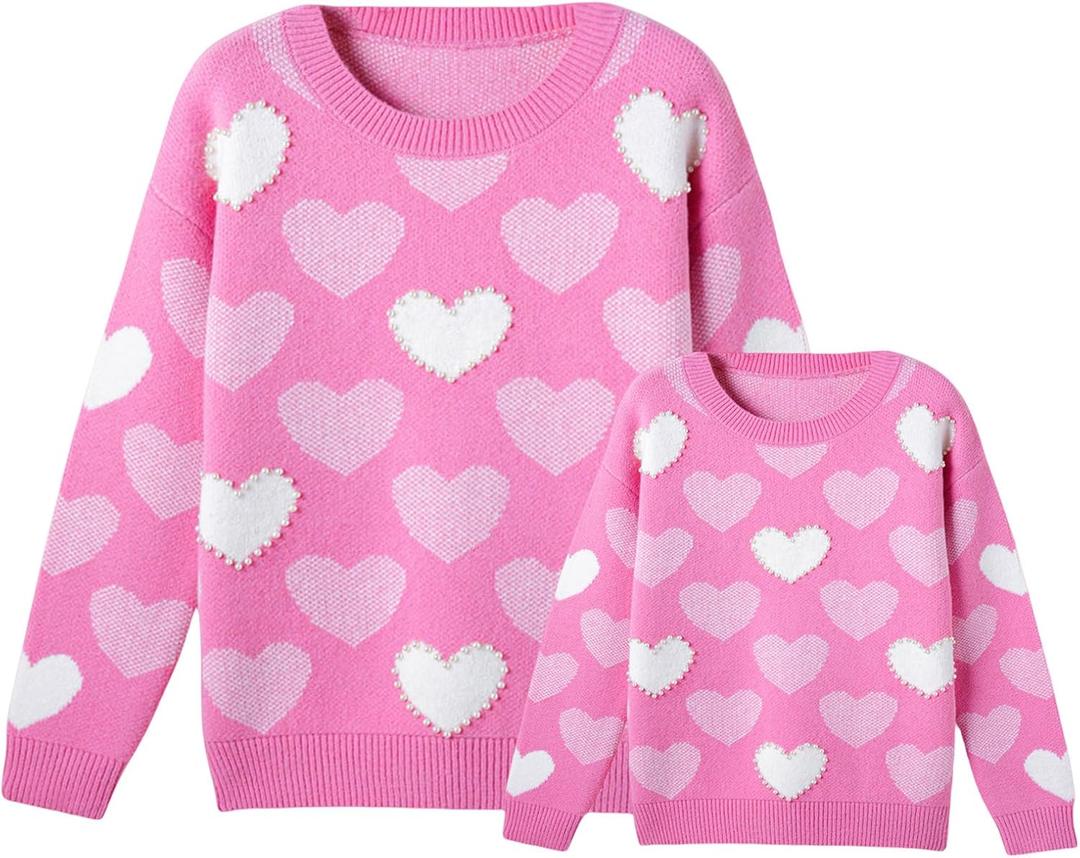Mommy and Me Matching Sweaters Outfits Heart Graphic Sweater Family Matching Clothes Long Sleeve Pullover Tops (8 Years, Pearl Pink)
