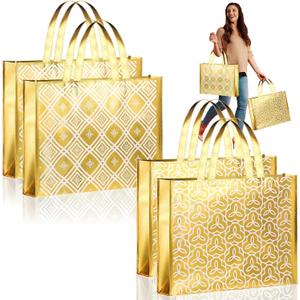 PerKoop 4 Pcs Extra Large Gold Gift Bag 20 x 16 Inch Jumbo Golden Pattern Gift Bag Non Woven Fabric Reusable Gift Bag Oversized Tote Gift Bags for Xmas Weddings, Bridal Showers, Birthdays (Simple)