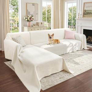 CAPALOCA Sectional Couch Covers, 2 Pieces Chenille Sofa Cover L Shaped Couch Cover Blanket for Dogs Washable Sofa Slipcovers Pet Furniture Protector (X-Large: 71" x 110" + 71" x 118", Beige)