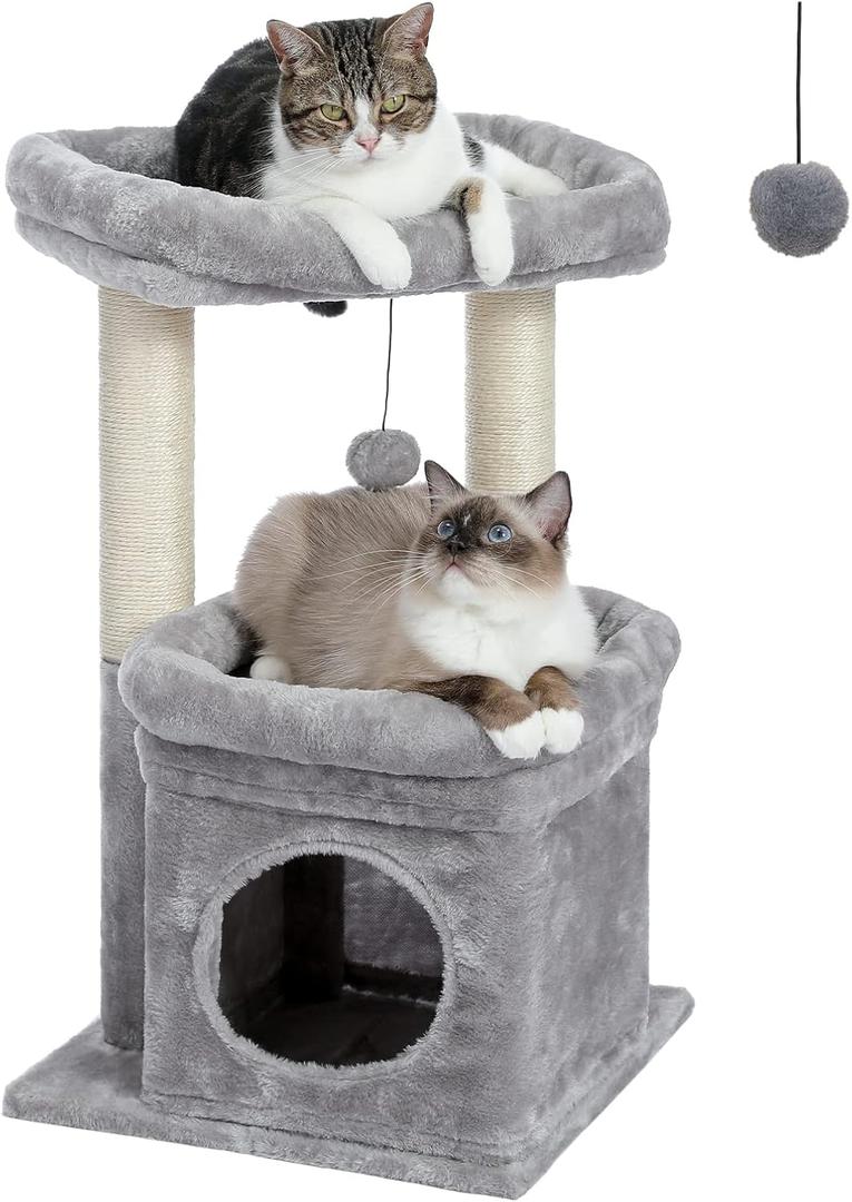 PEQULTI Cat Tree Tower for Indoor Cats with Private Cozy Cat Condo, Natural Sisal Scratching Posts and Plush Pom-pom for Small Cats (27 Sleeping Tree, Grey)