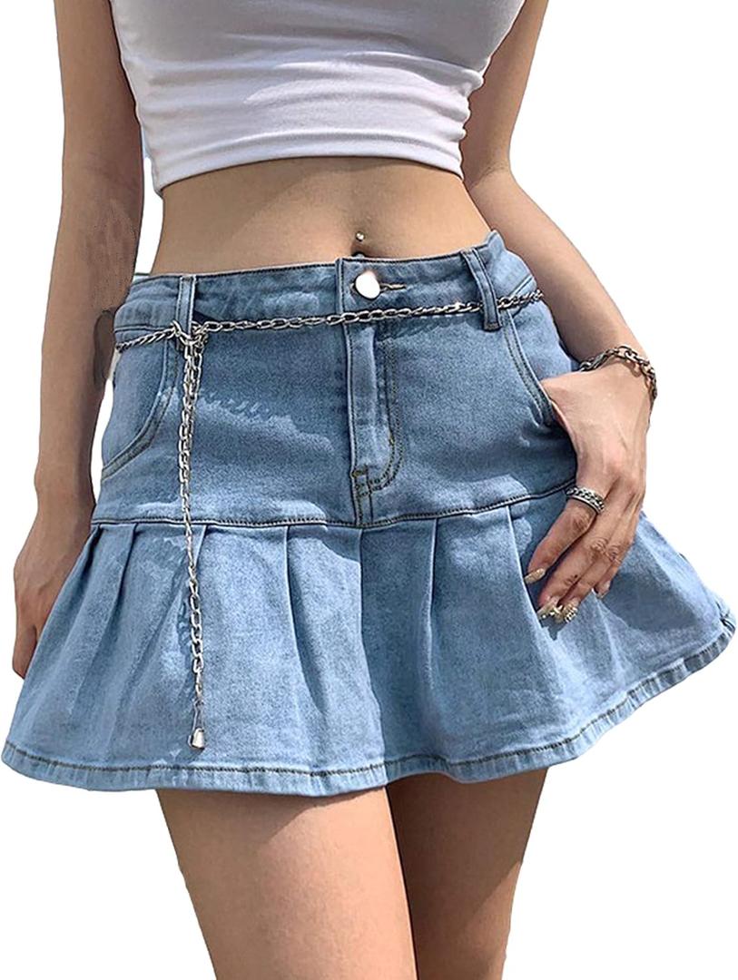 Yeokou Women's Casual Slim A-line Pleated Ruffle Short Mini Denim Skirts (Medium, Lightblue)