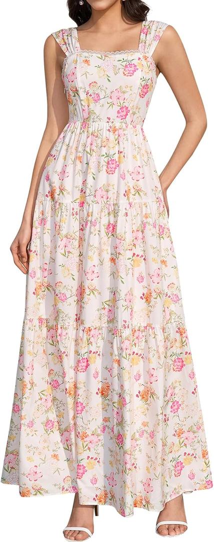 KUTUMAI Floral Maxi Long Dress Lace Up Square Neck Flowy Summer Wedding Guest Dresses for Women 2026 (Size M)