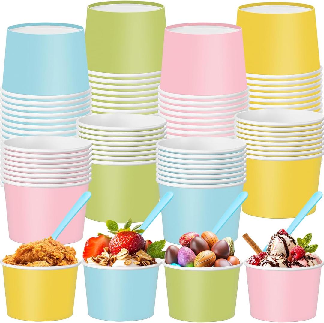 Teenyyou 48 Pcs Pastel Ice Cream Bowls with Spoons 9 oz Disposable Paper Treat Snack Soup Cups for Cold Drink Food Summer Party Favor Supplies