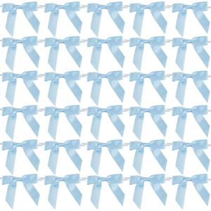 AIMUDI Light Blue Satin Ribbon Twist Tie Bows 2.5" Pretied Blue Bows for Baby Shower Premade Baby Blue Bows for Crafts Treat Bags Cake Pop Gift Wrapping Wedding Party Favors Goodie Bags - 50 Counts