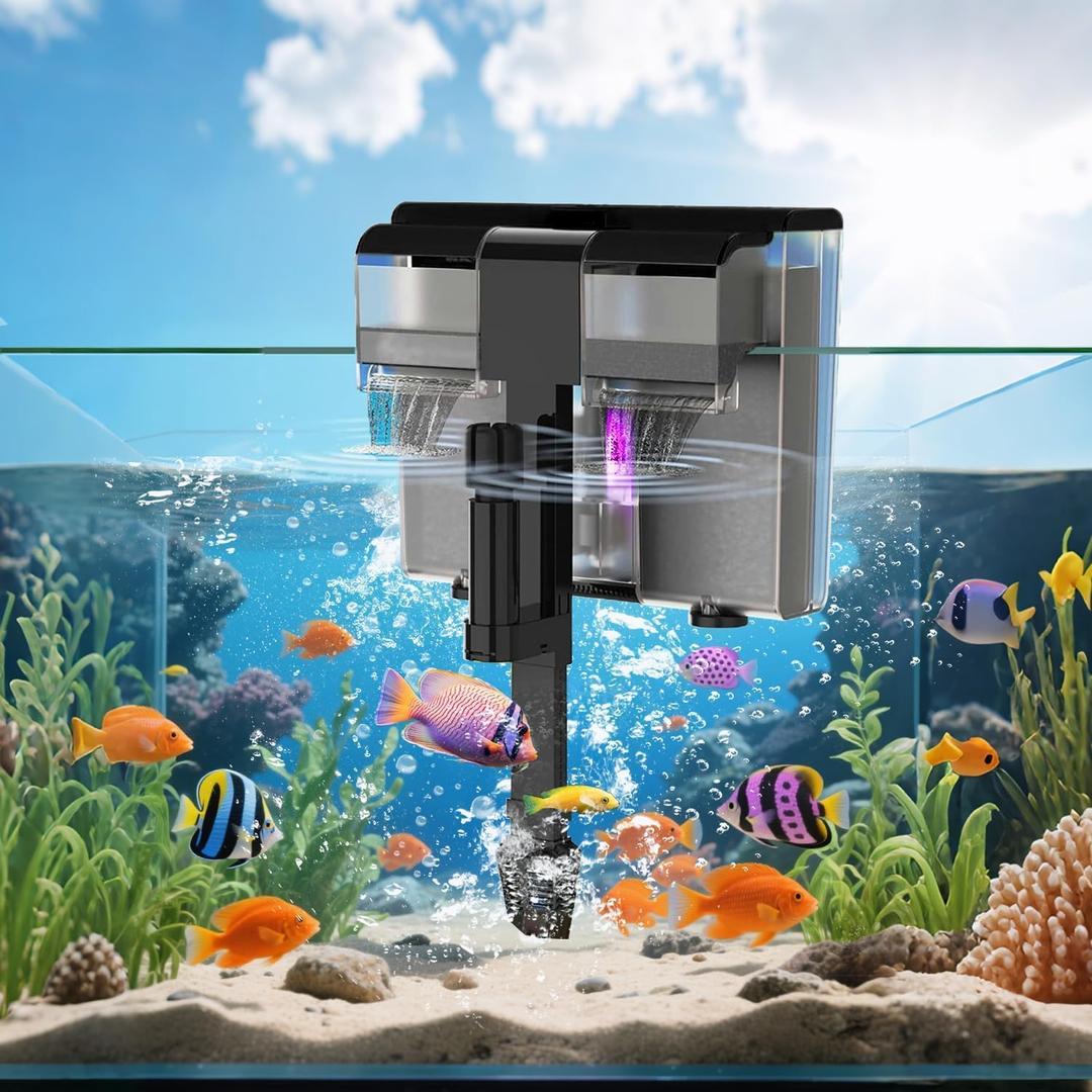 8W Aquarium Filter Hang on U-V Fish Tank Filters Quiet 4 in 1 Double Waterfall Fiter for up to 45 Gallon Tanks, 215 GPH Adjustable Flow (BLACK)