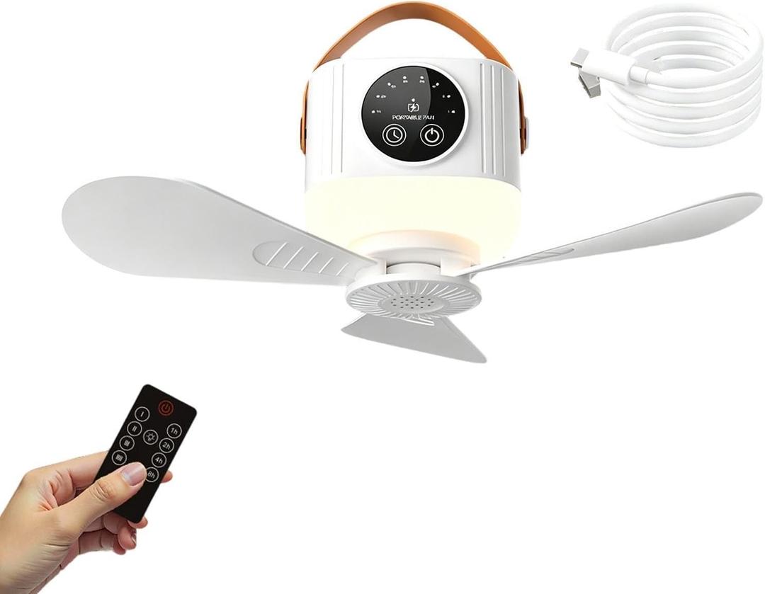 Battery Powered Ceiling Fan | Rechargeable 7200mAh with Lighting Remote Control 4 Speeds - Camping Fan with Light - for Gazebo Garage Motorhome Patio Outdoor Canopy