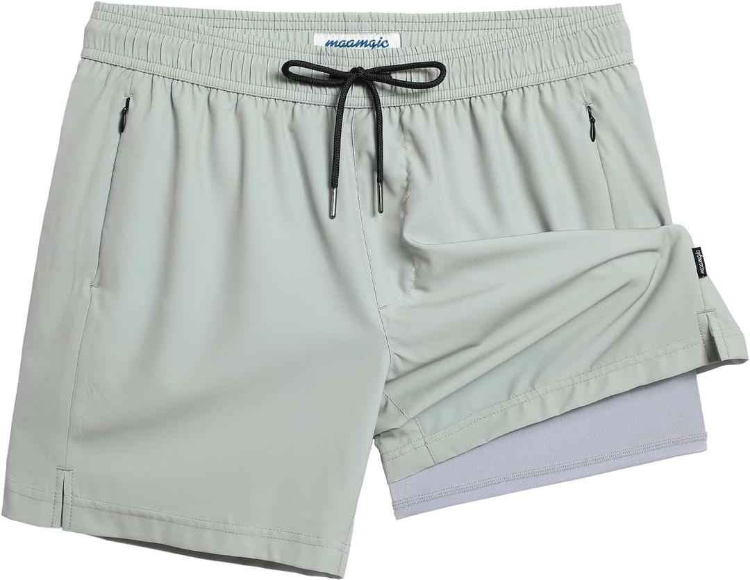 maamgic 5inch Mens Swimming Trunks with Compression Liner 2-in-1 Swim Trunks Stretch Quick Dry Swim Shorts Zipper Pockets (XX-Large, Green and Gray)