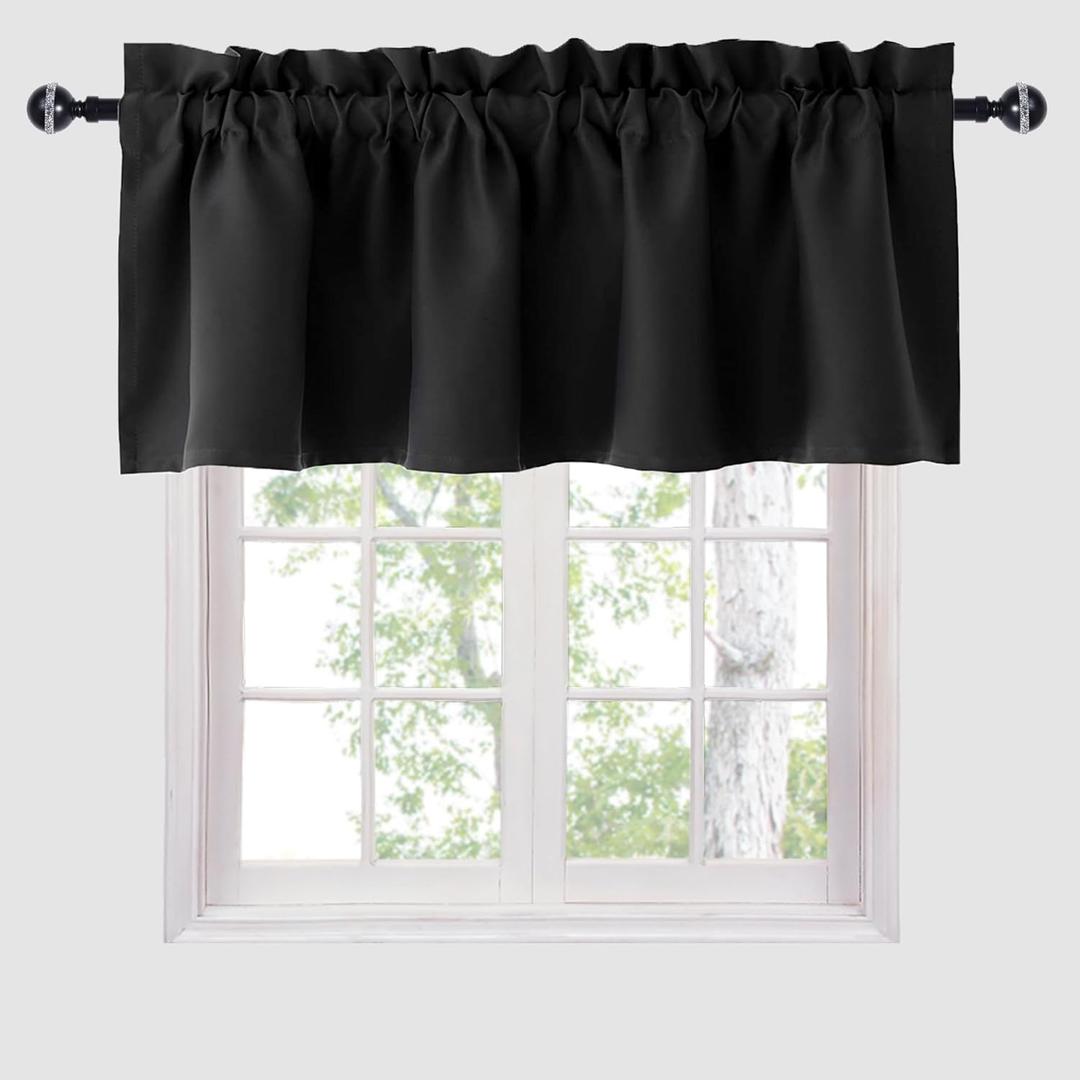Hiasan Black Valance Curtains Blackout Rod Pocket Window Curtain Valances for Kitchen, 42 x 18 Inches Length, 1 Panel