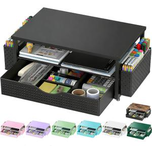 Spacrea Desk Organizer and Accessories, Computer Monitor Stand Riser with Drawer and 2 Pen Holders, Office Desk Accessories & Workspace Organizers for Office Supplies (Black)