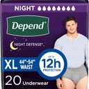 Depend Night Defense Adult Incontinence Underwear for Men, Disposable, Overnight, Extra-Large, Grey, 20 Count, Packaging May Vary