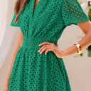 PRETTYGARDEN Womens 2026 Summer Short Dress V Neck Short Sleeve A Line Hollow Out Lace Ruffle Cute Casual Beach Party Dresses (Green, L)